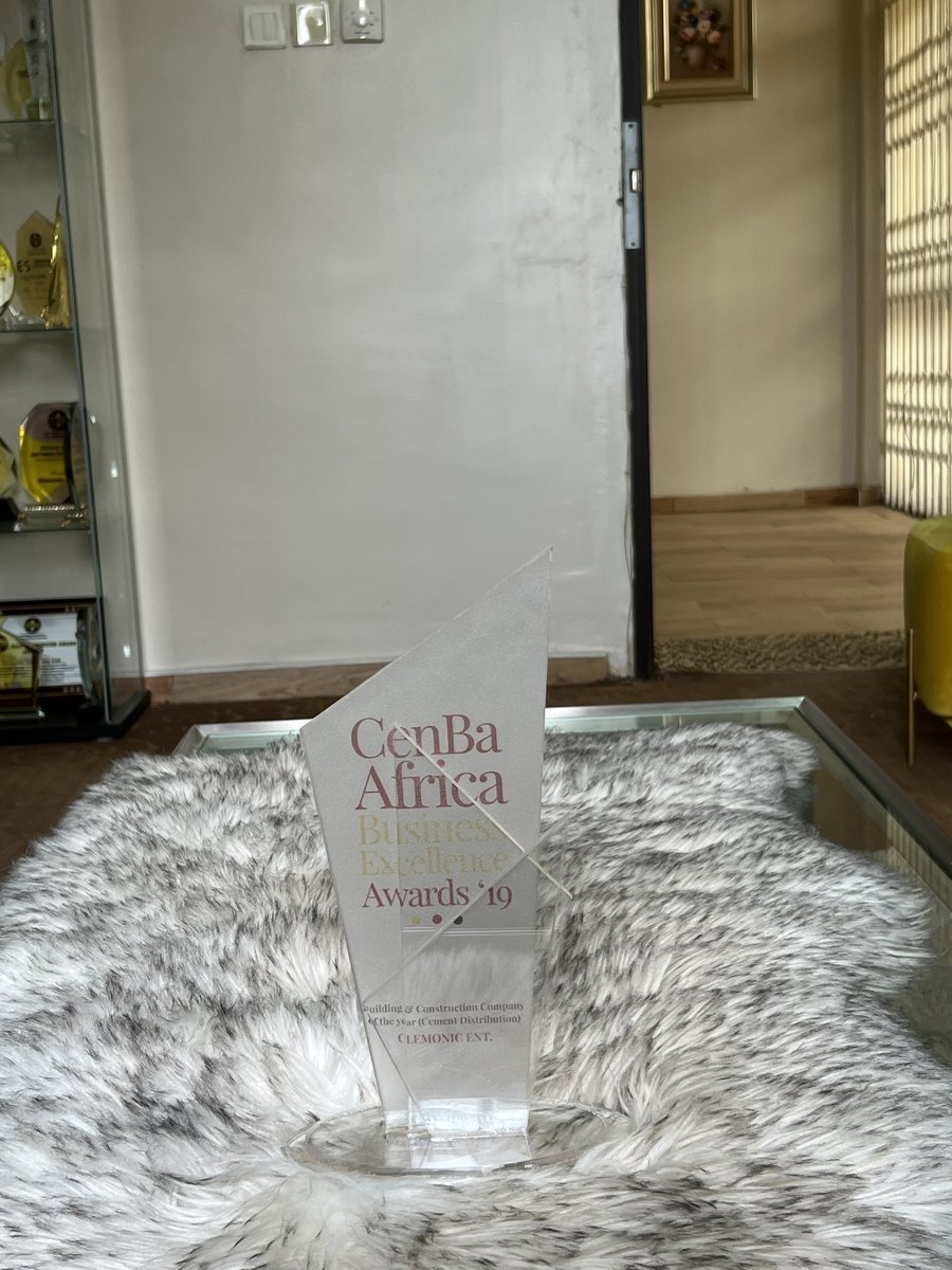 Clear acrylic trophy: CenBa Africa Business Excellence Awards 2019 — Building & Construction Company of the Year (Cement Distribution), Clemonic Ent.
