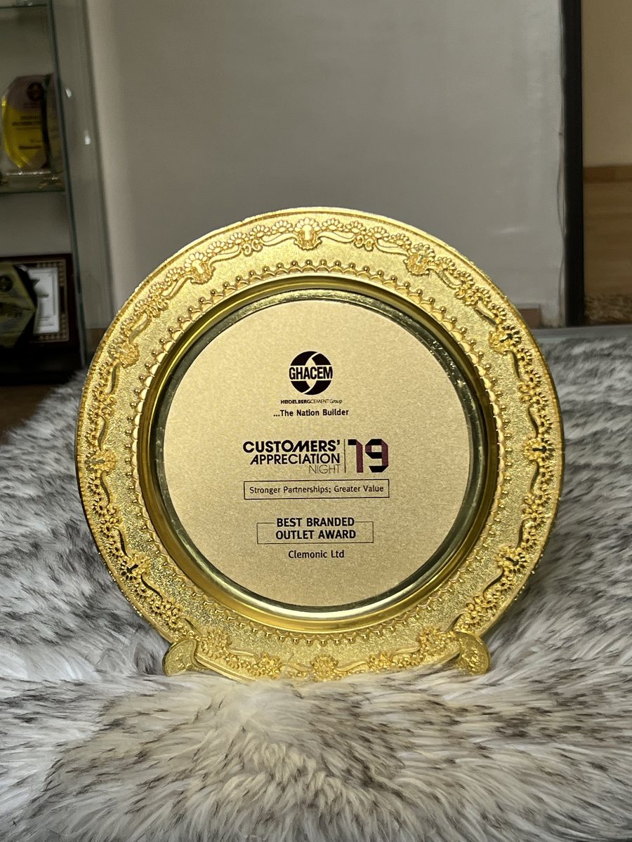 Ornate gold plate: GHACEM Customers' Appreciation Night 2019 — Best Branded Outlet Award, Clemonic Ltd