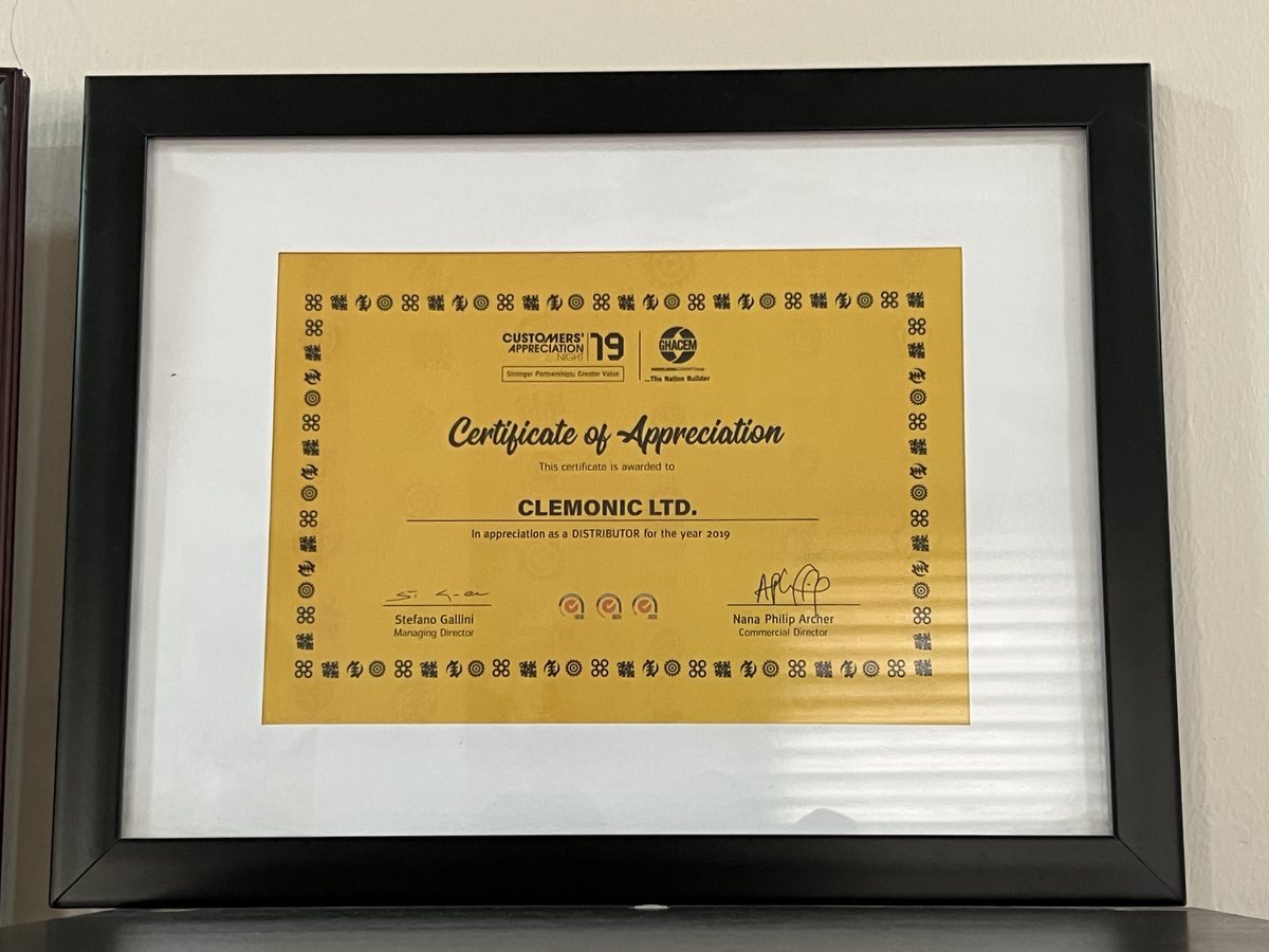 Certificate of Appreciation from GHACEM Customers' Appreciation Night 2019, awarded to Clemonic Ltd in appreciation as a distributor for the year 2019, signed by Managing Director Stefano Gallini and Commercial Director Nana Philip Archer