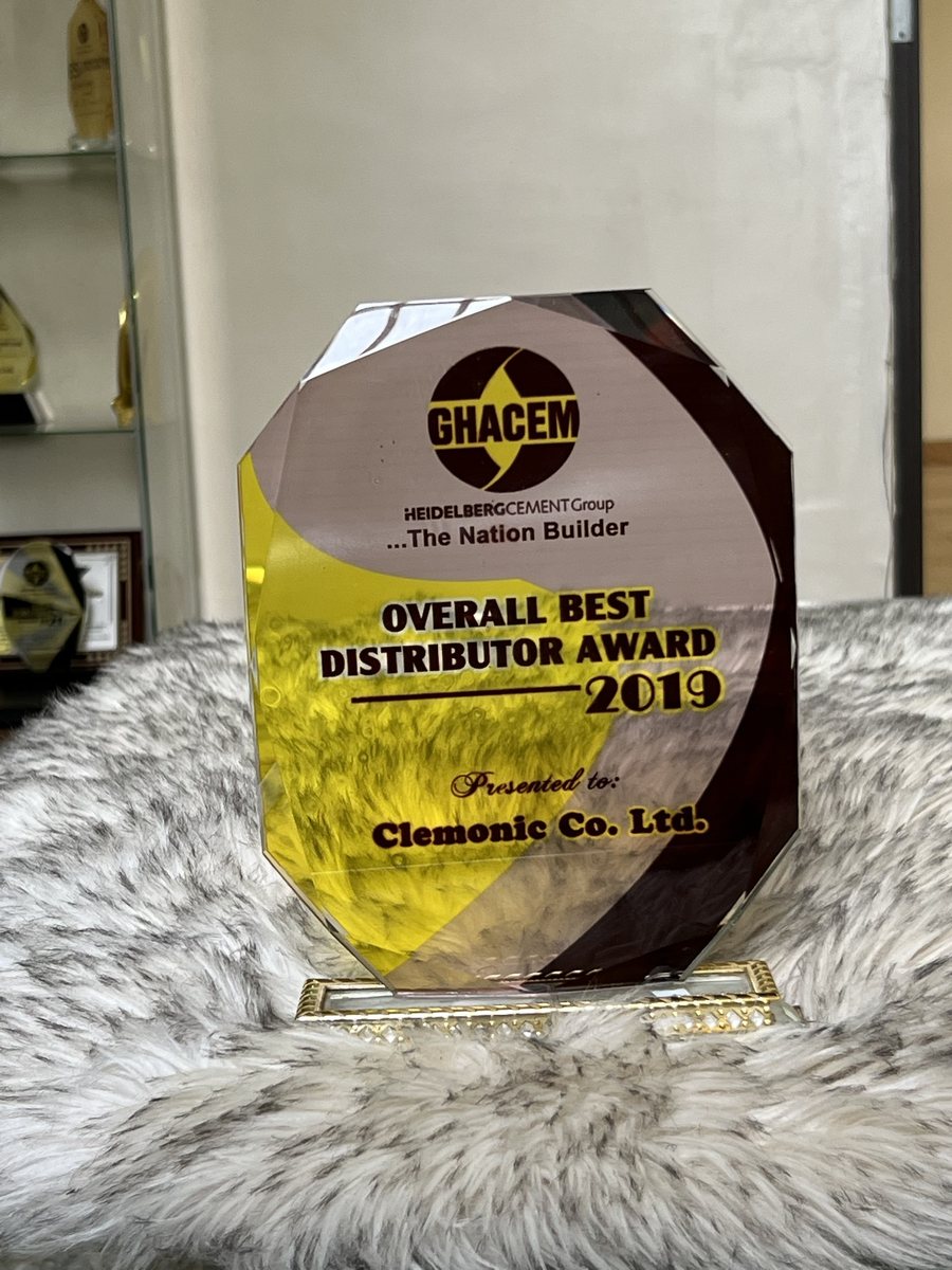 Octagonal crystal plaque on a gold stand: GHACEM Overall Best Distributor Award 2019, presented to Clemonic Co. Ltd.