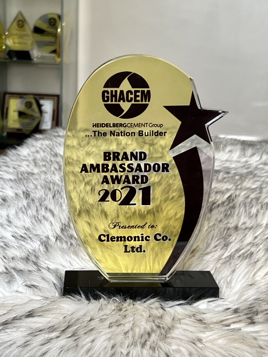 Gold oval trophy with a star: GHACEM Brand Ambassador Award 2021, presented to Clemonic Co. Ltd.