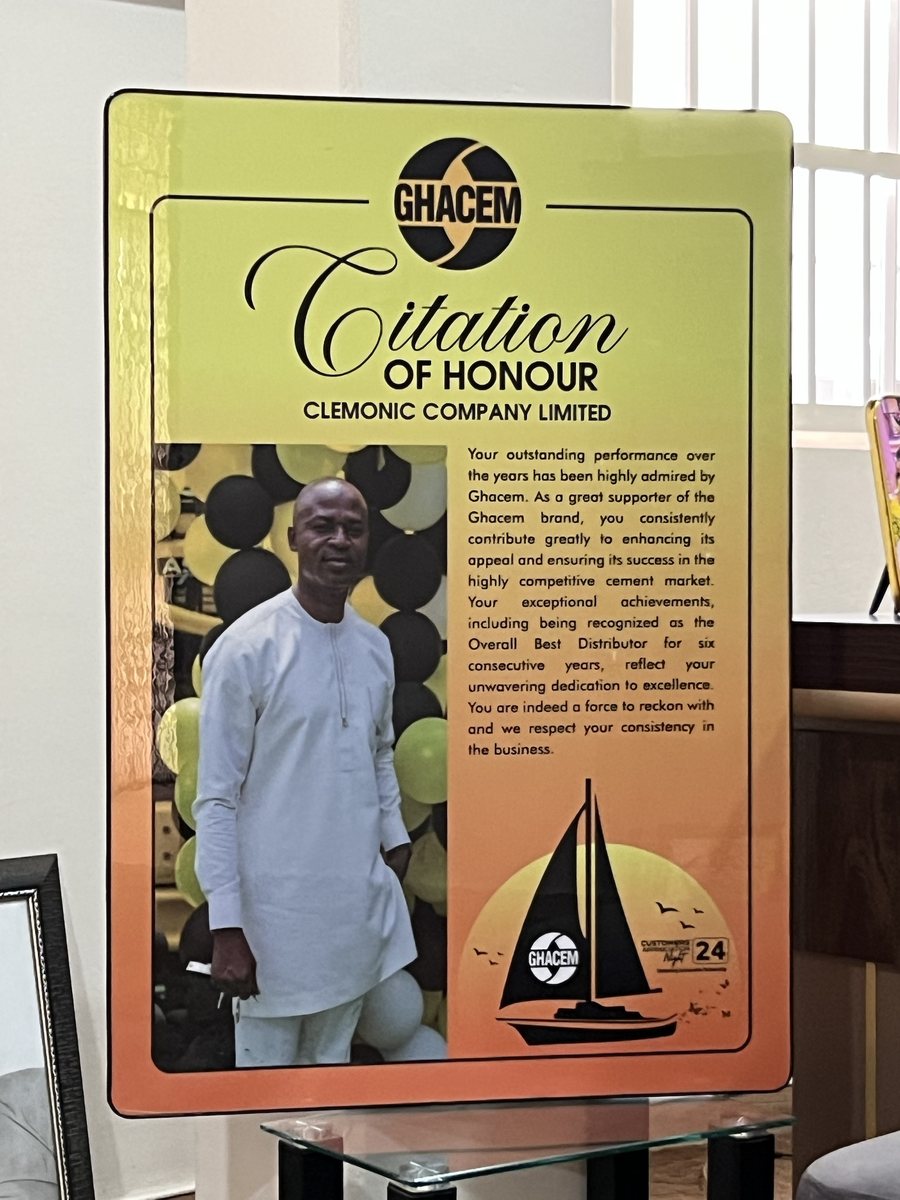 Ghacem Citation of Honour to Clemonic Company Limited, from Customers' Appreciation Night 2024, praising its recognition as Overall Best Distributor for six consecutive years