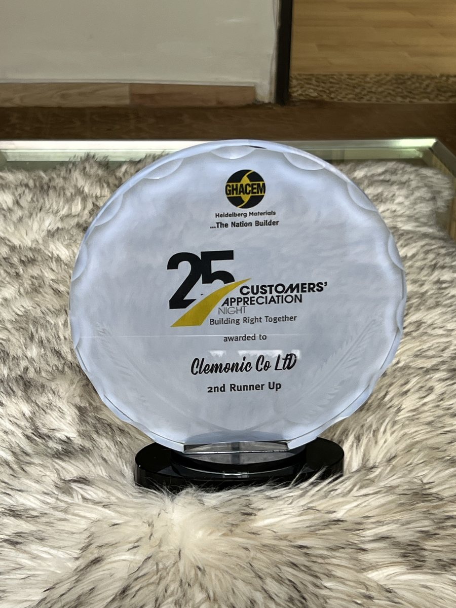 Round frosted crystal plaque on a black base: GHACEM Customers' Appreciation Night 2025 — 2nd Runner Up, awarded to Clemonic Co Ltd